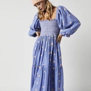 Free People Dahlia Embroidered Maxi Dress Gauzy Smocked Floral Blue LARGE NWT